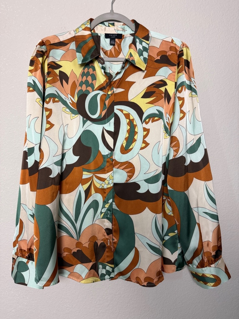 Haver London Retro Print Button-Up Blouse in Teal, Rust, Cream